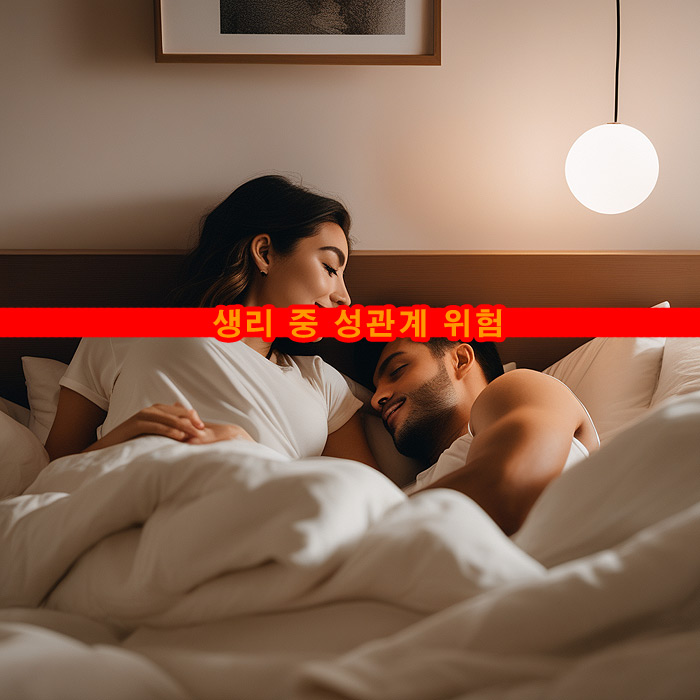 생리 중 성관계 여성 남성 침대에 누워있다